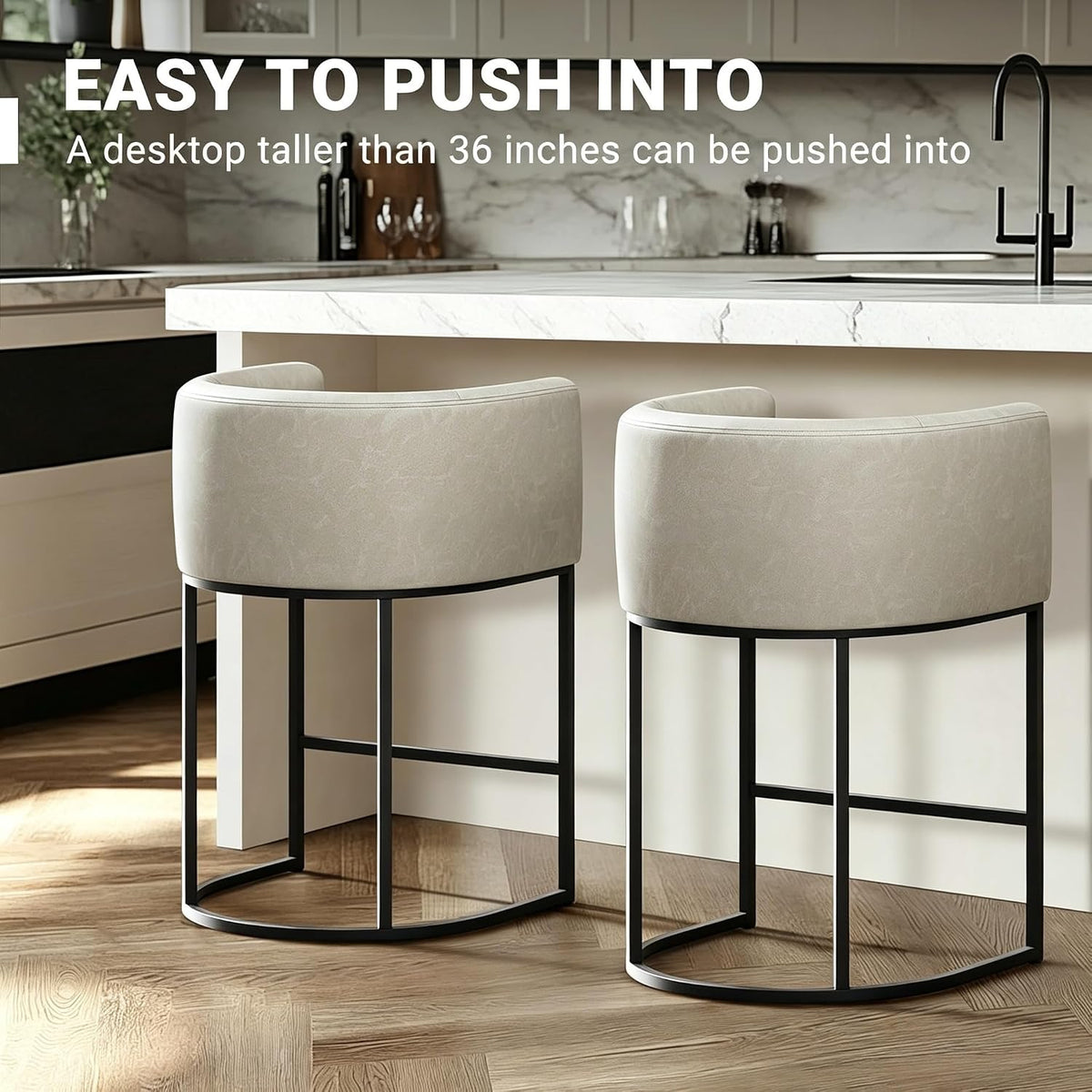 26" H Counter Height Bar Stools Set of 4, Modern Barrel Counter Stools with Backrest and Arms, Faux Leather Upholstered Accent Barstools for Kitchen Island,Support 450 LBS (Grayish White)