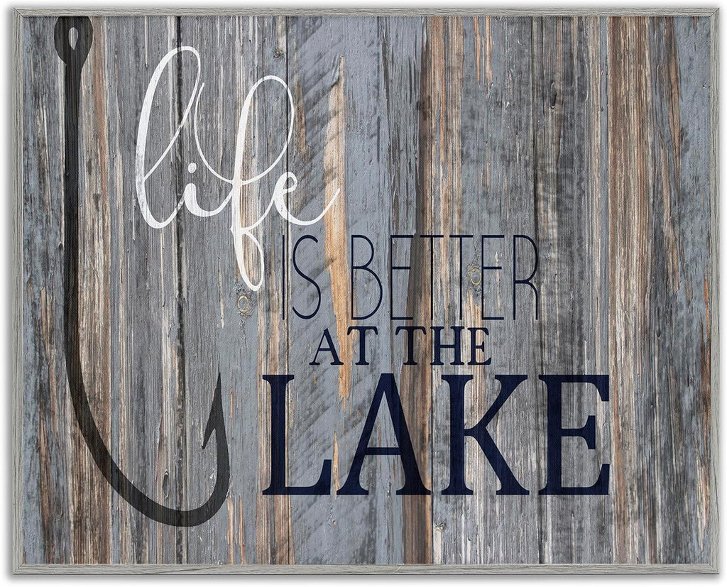 Stupell Industries Life Better Lake Quote Fish Lakehouse Cabin Nautical Phrase, Design by Kim Allen, Grey Framed, 24 x 30