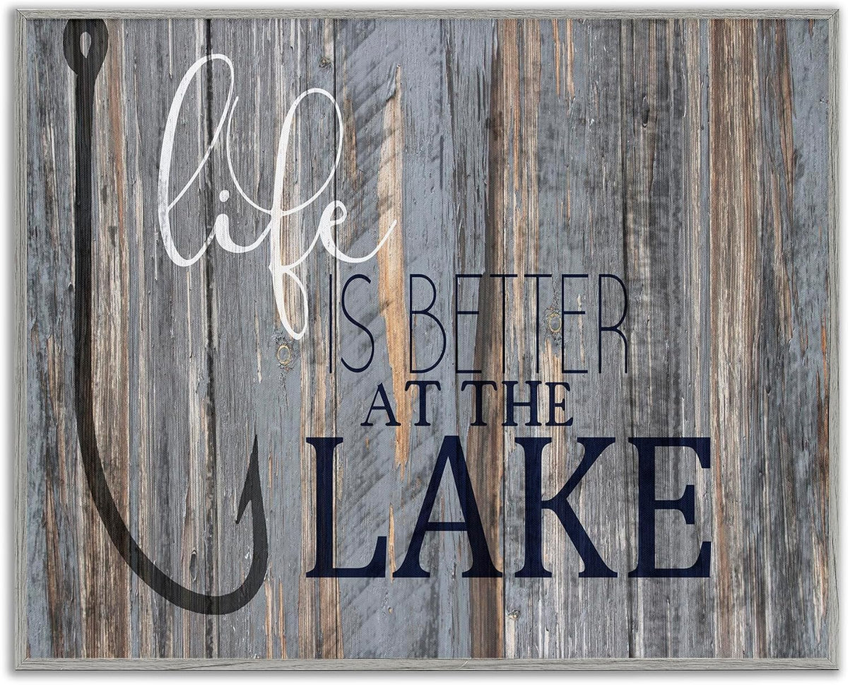 Stupell Industries Life Better Lake Quote Fish Lakehouse Cabin Nautical Phrase, Design by Kim Allen, Grey Framed, 24 x 30
