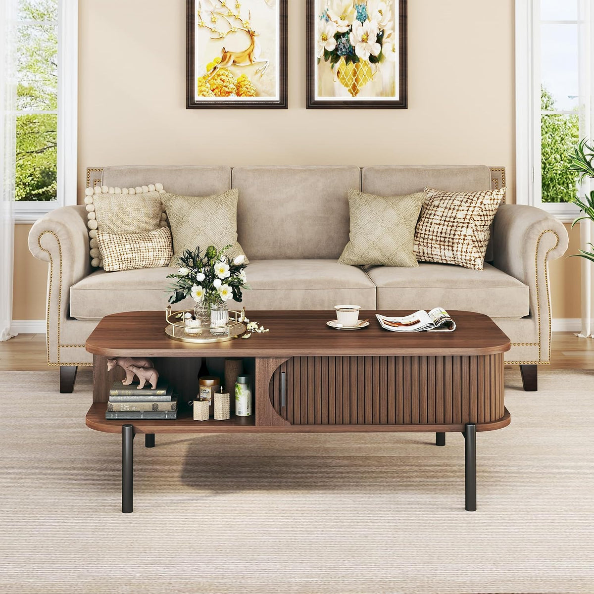 Coffee Table, 39.4" Fluted Coffee Table for Living Room, Mid Century Modern Table with Sliding Cabinet Door 2-Tier Rustic Wood Desktop with Storage Open Shelf, Walnut