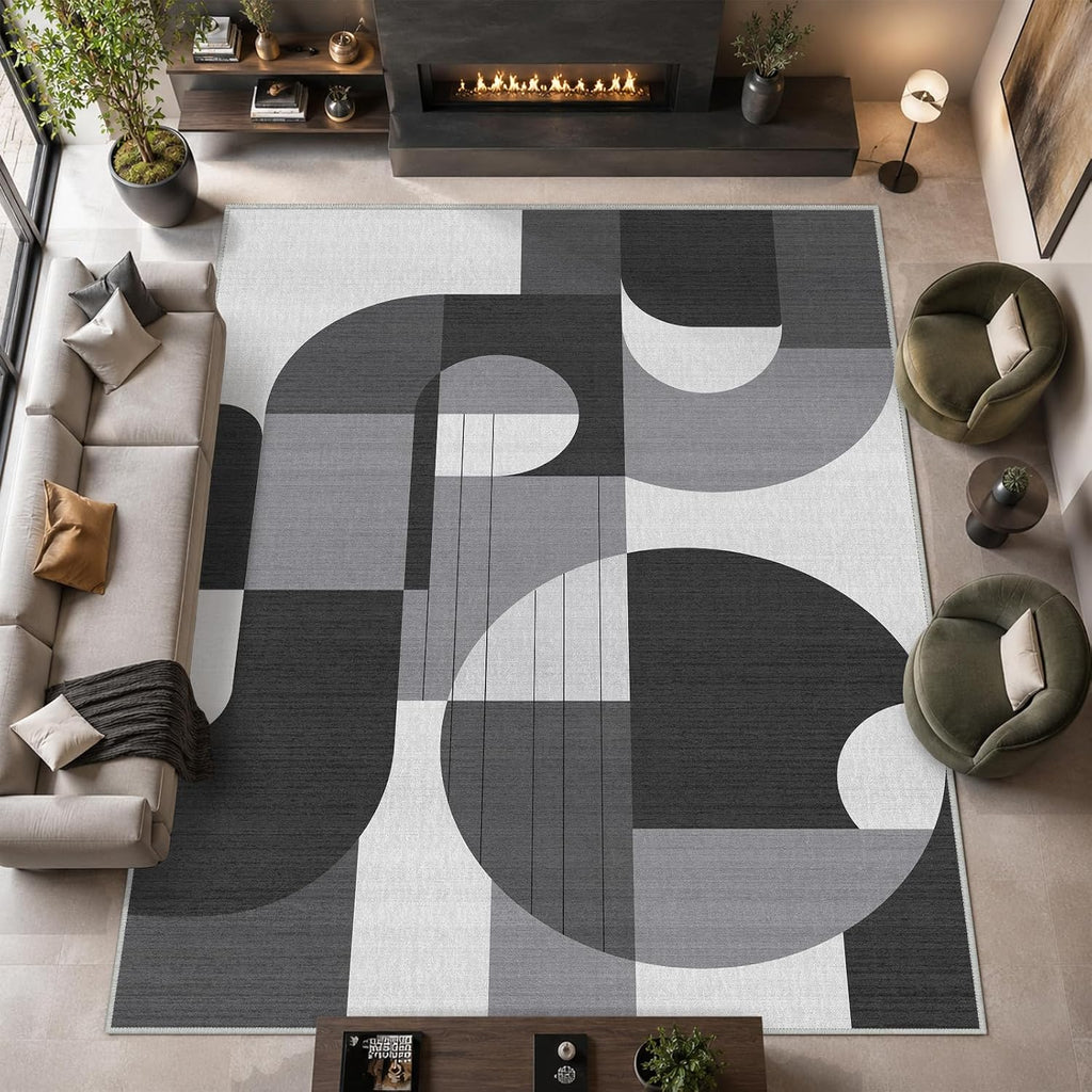 9x12 Black and White Geometric Modern Area Rug for Living Room Bedroom Abstract Large Rug Machine Washable Non-Slip Carpet for Dining Room Office