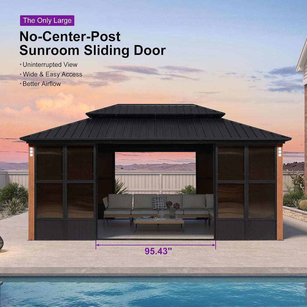 PURPLE LEAF Outdoor Sunroom Gazebo 12' x 18' with Light, Sliding Doors