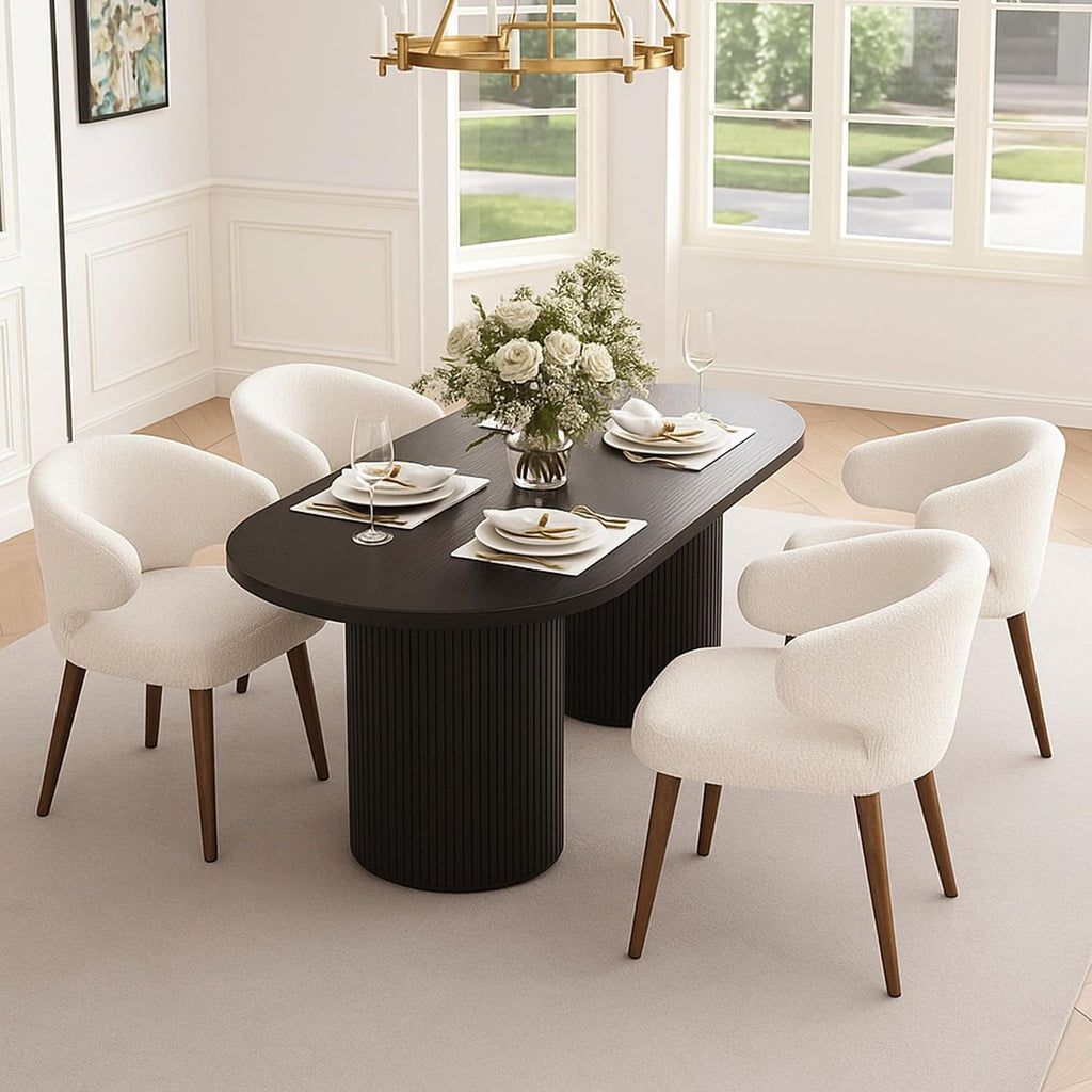 HNY Mid Century Modern Sherpa Boucle Dining Chairs Set of 6, Upholstered Curved Wingback Accent Arm Chairs Side Chairs with Solid Wood Legs, White