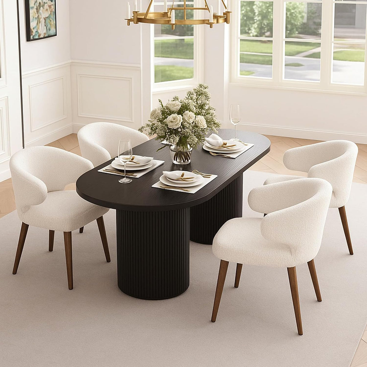 HNY Mid Century Modern Sherpa Boucle Dining Chairs Set of 6, Upholstered Curved Wingback Accent Arm Chairs Side Chairs with Solid Wood Legs, White