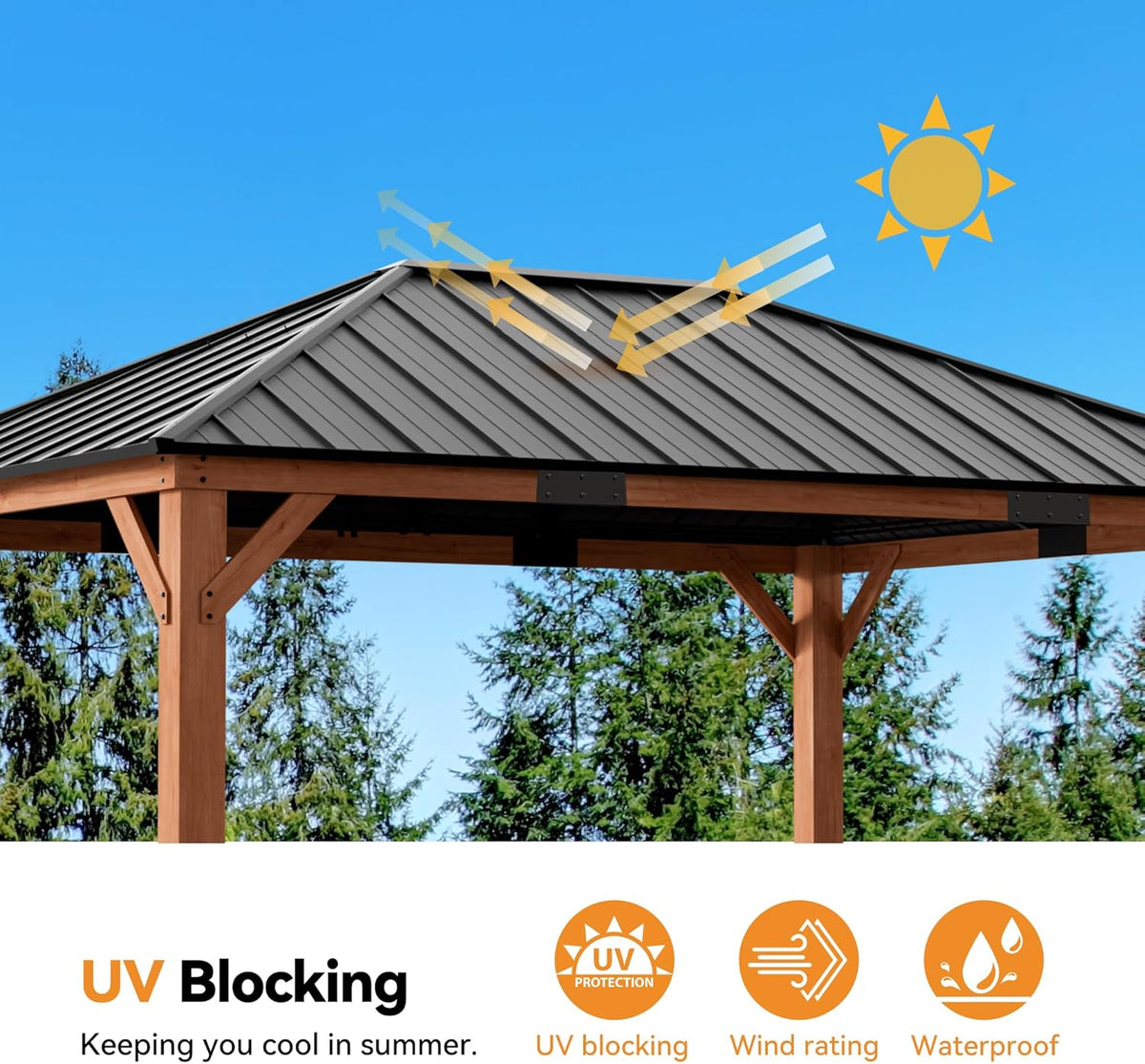Modern Shade Permanent Wood Gazebo 12x16 with Galvanized Steel Roof