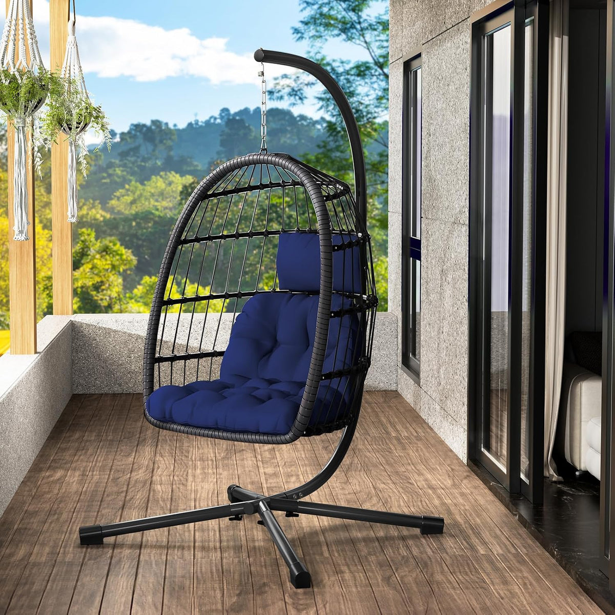 LEVELEVE Hanging Egg Chair with Stand, Patio Rattan Wicker Swing Chair, Oversized Hammock Seat for Bedroom Porch Garden, Thickened Steel Frame & UV Resistant Cushion, 350LBS Capacity(Dark Blue)