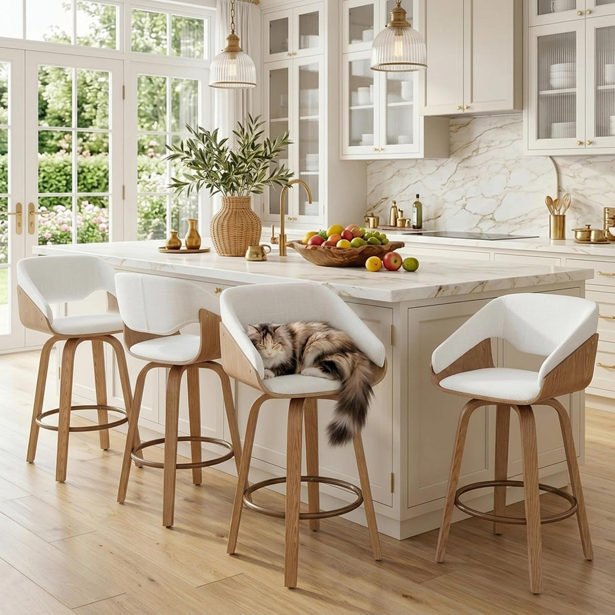 26'' Modern Barrel Swivel Counter Stools Counter Height Swivel Bar Stools with Backs Set of 6, White Linen Upholstered Bar Height stools, Farmhouse Solid Wood Barstools for Kitchen Island, Home Bar