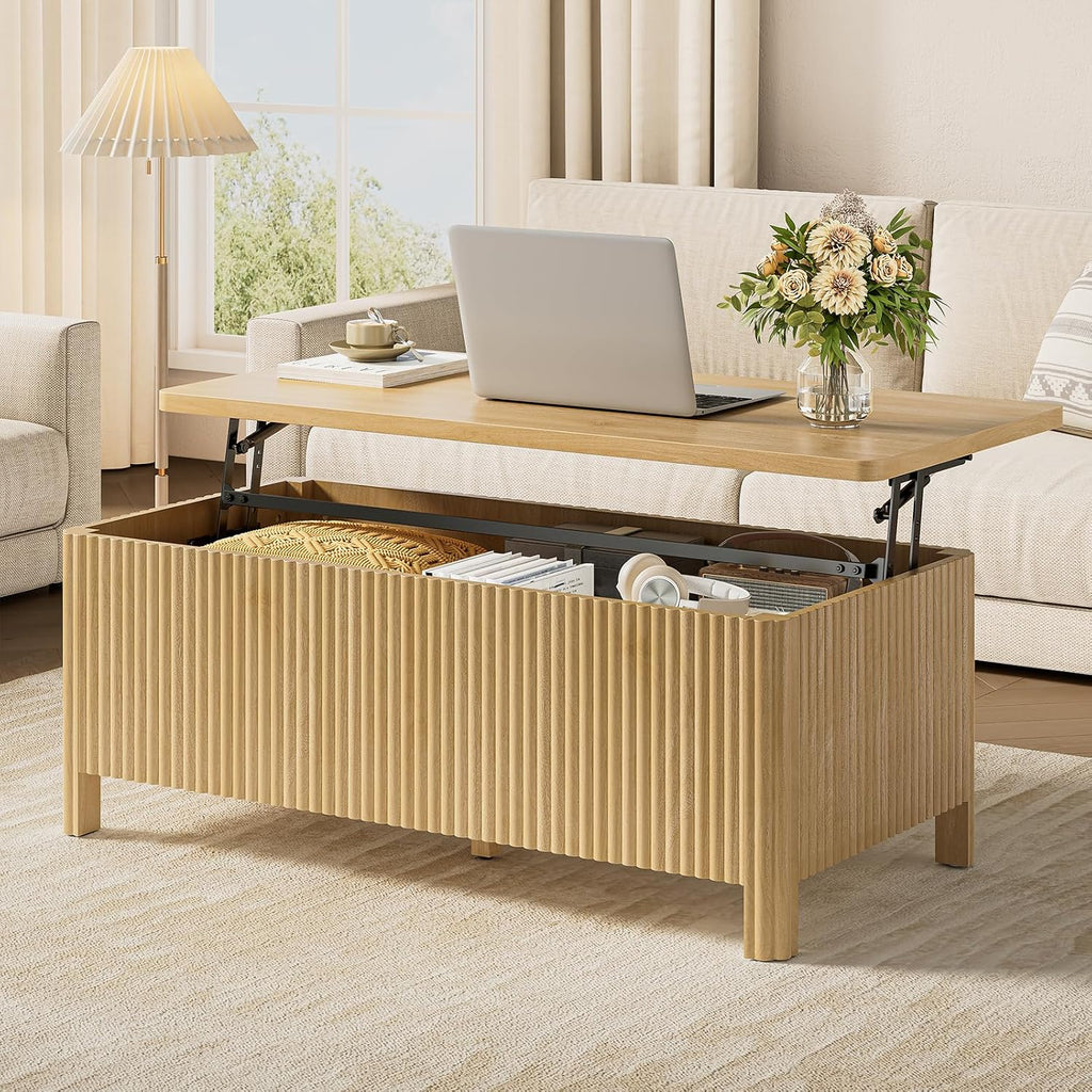 ONBRILL Fluted Lift Top Coffee Table, Mid-Century Modern Coffee Table