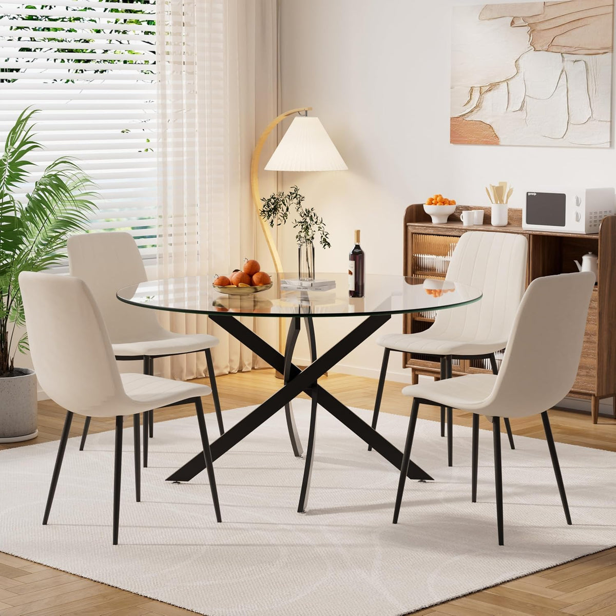 Modern Round Glass Dining Table Set for 4, 47'' Large Tempered Glass Tabletop Black Base with 4 Beige Minimalism Dining Chairs, 5-Piece Clear Circle Dining Table Set(Easy Assemble)