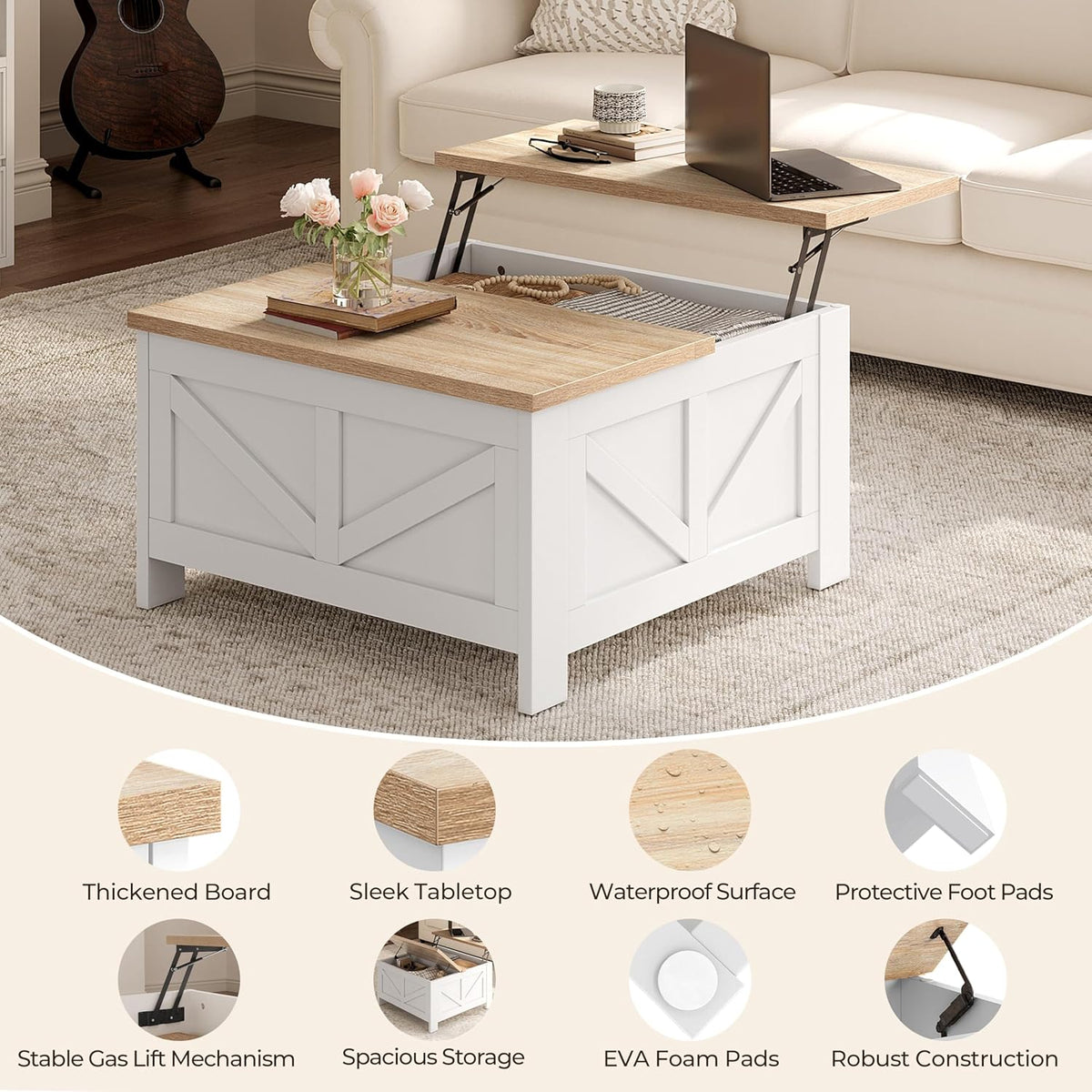 Yaheetech 31.5" Square Lift Top Coffee Table with Storage, White&Light Oak