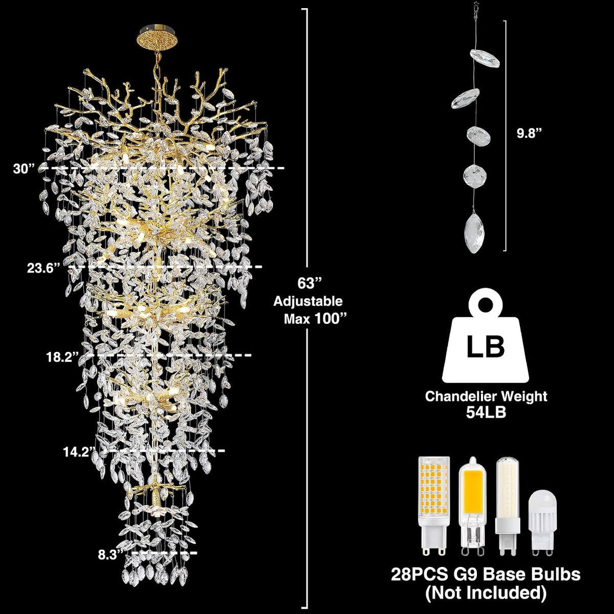 118'' Long Chandelier for High Ceiling, 28-Light Luxury Gold Tree Branch Crystal Chandelier, Large Chandeliers for High Ceilings Staircase Foyer Entryway, 5-Tier Modern K9 Crystal Raindrop Fixture
