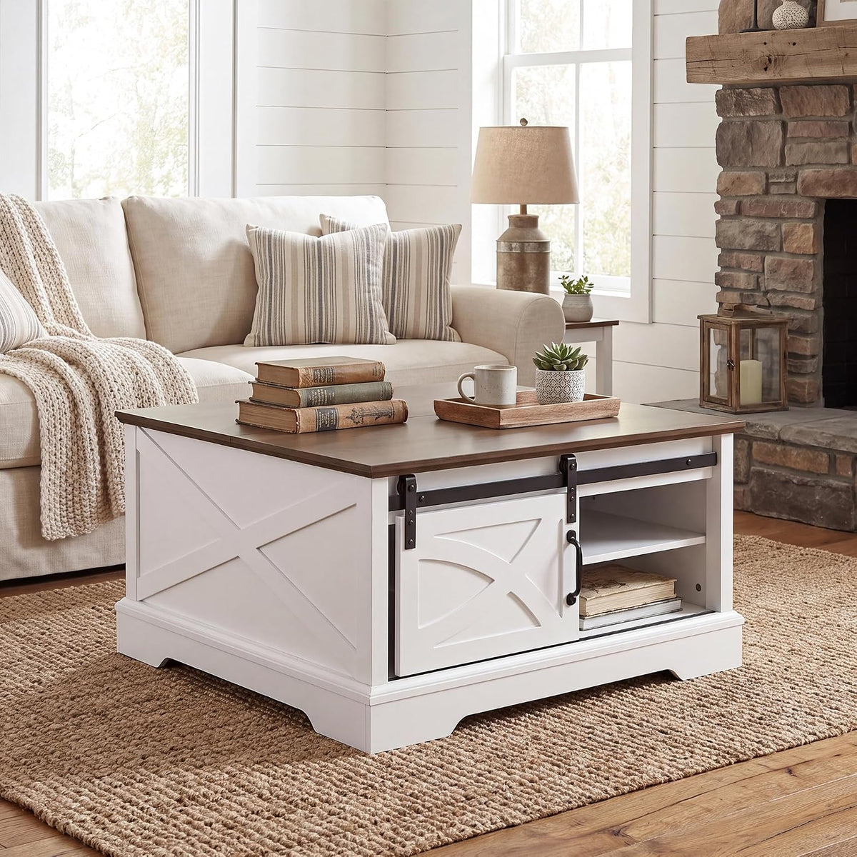 31.5" Farmhouse Coffee Table with Storage, Hinged Lift Top Coffee Table