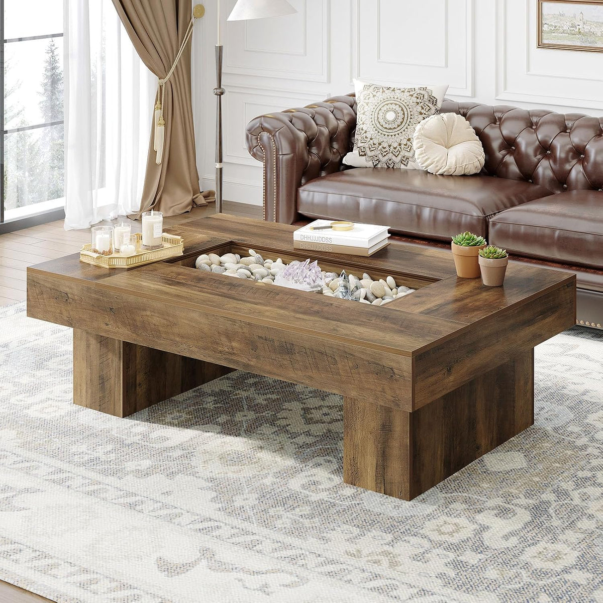 LVB 47"X31" Large Rectangle Wood Coffee Table with Storage Rustic Oak