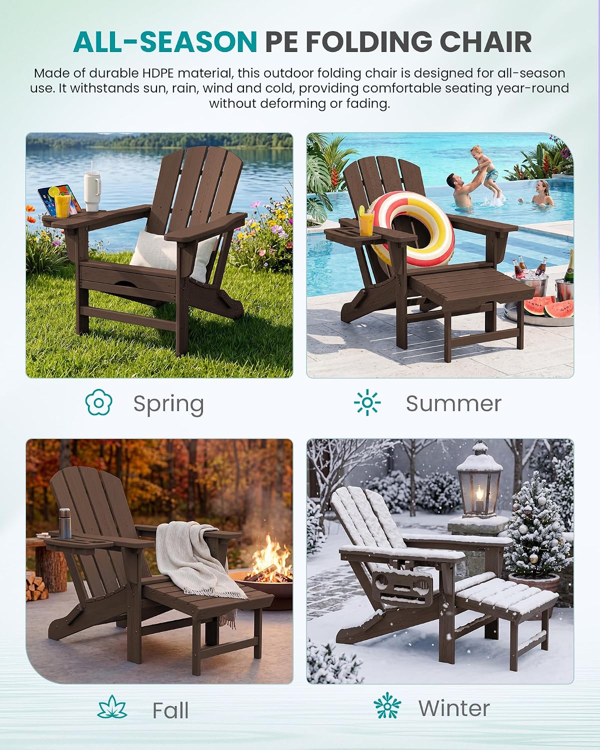 SERWALL Folding Adjustable Adirondack Chair with Footrest, HDPE Outdoor Chair with 4-in-1 Cup Holders, All Weather Adirondack Chair with Ottoman, Coffee