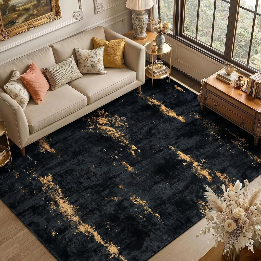 Fixwal Washable 6x9 Area Rug for Living Room, Non-Slip, Black/Gold