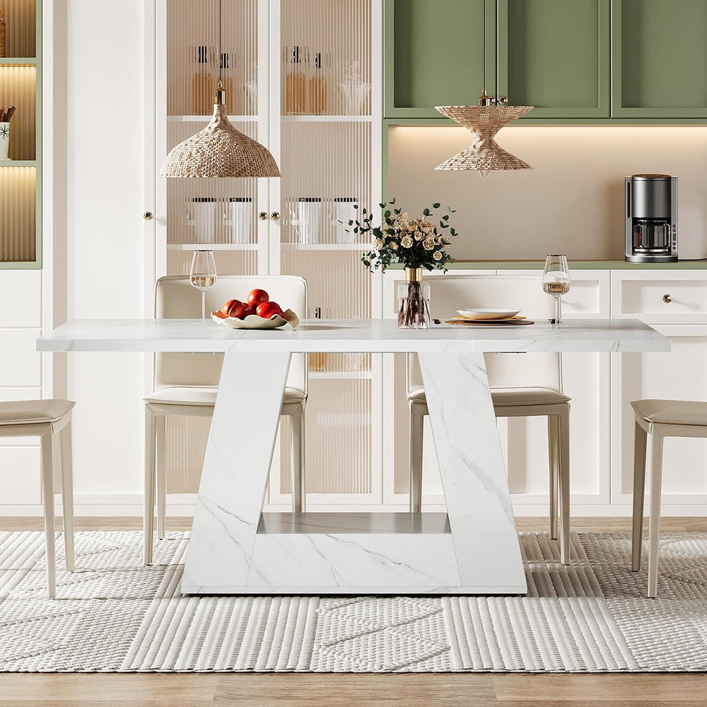 Tribesigns Dining Table for 4 to 6 People, 63" Rectangular Dining Room Table, Modern Wooden Faux Marble Dinner Table with Sturdy Base for Kitchen, Living Room
