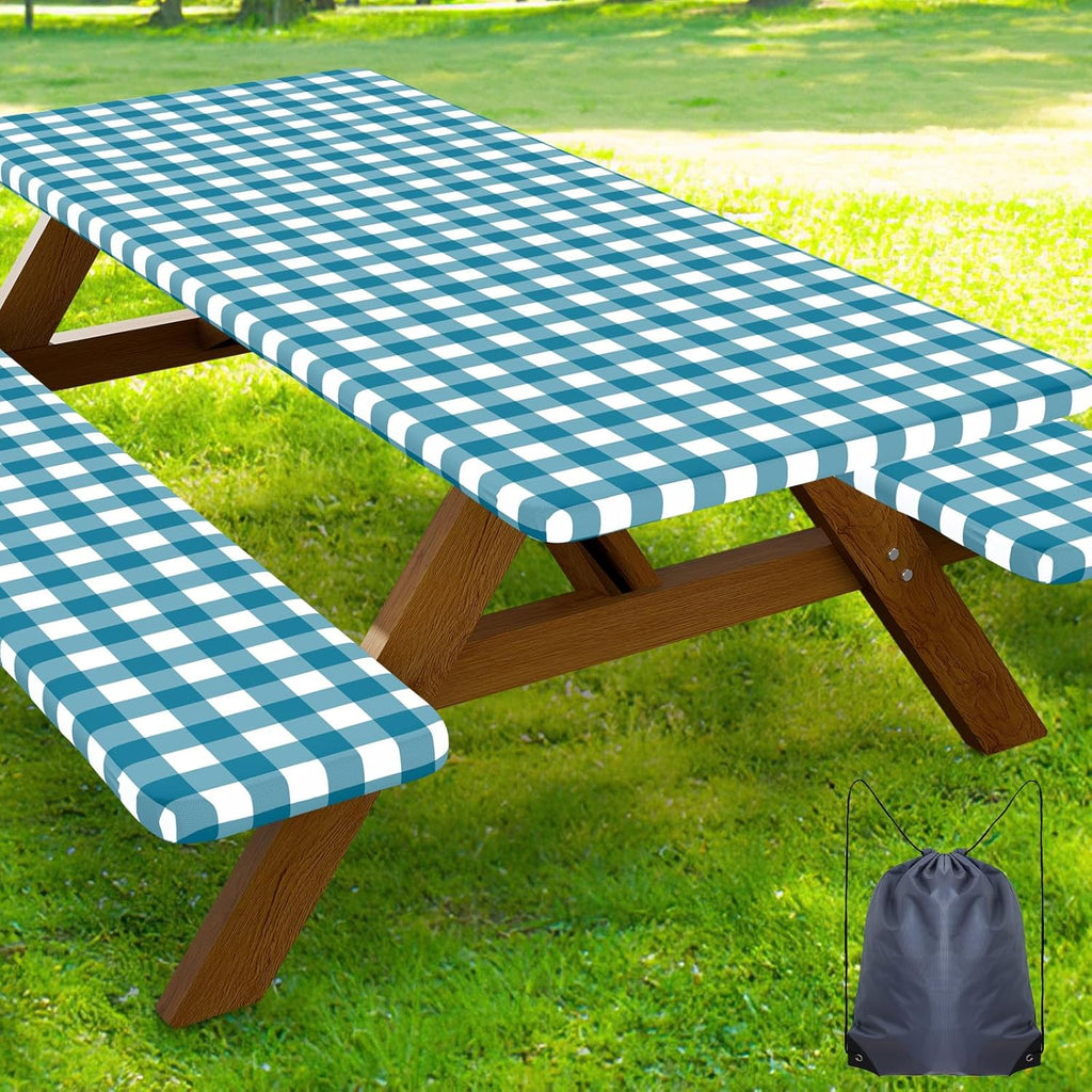 Smiry 8FT Picnic Table Cover with Bench Covers, Elastic Fitted Tablecloth