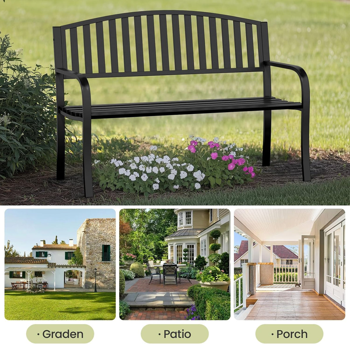 50" Outdoor Bench, Heavy-Duty Metal Frame Graden Bench, Weatherproof Patio Park Bench for Front Porch, Park, Yard, Patio