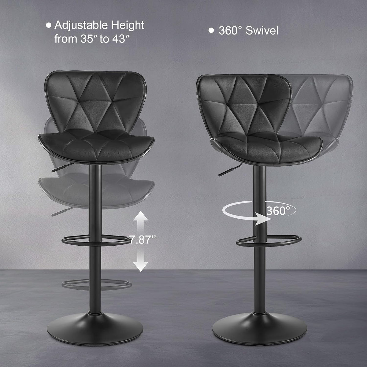 bar stools set of 2, modern swivel counter showing dimensions