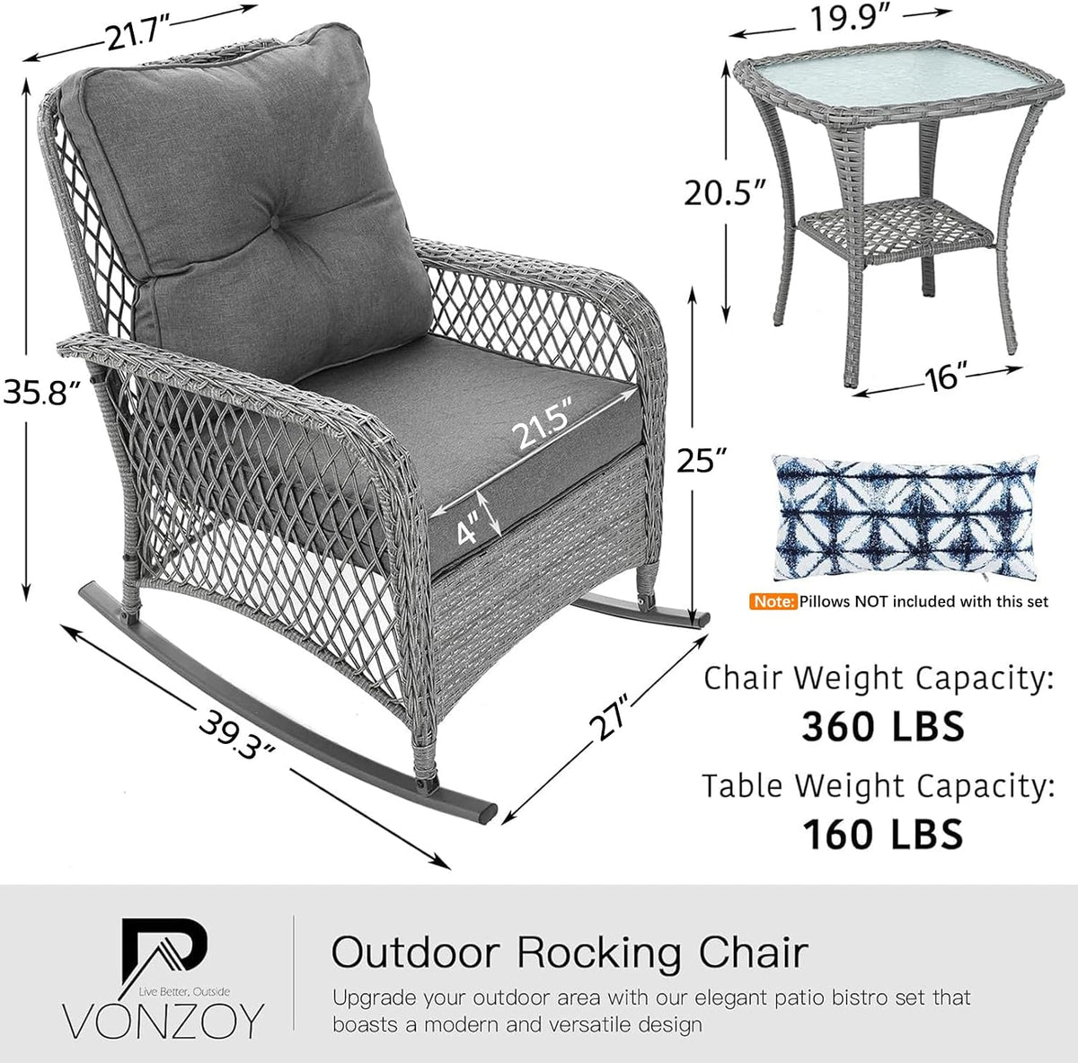 Patio Furniture Set 3 Pieces, Wicker Outdoor Rocking Bistro Set, Grey