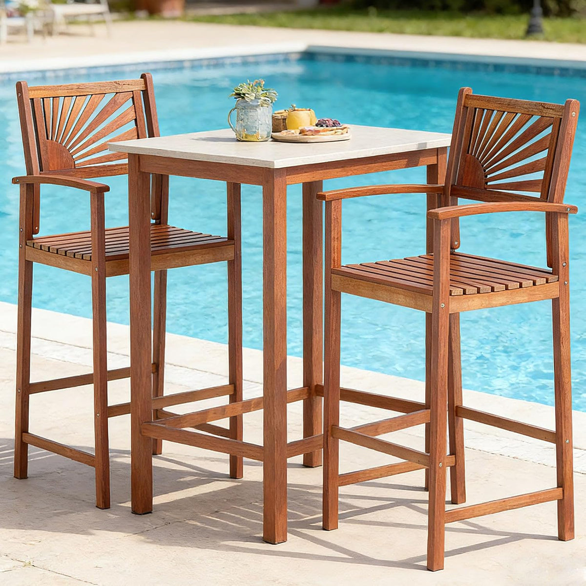 COSTWAY 29'' Outdoor Acacia Wood Bar Chairs Set of 4 with Back and Armrest