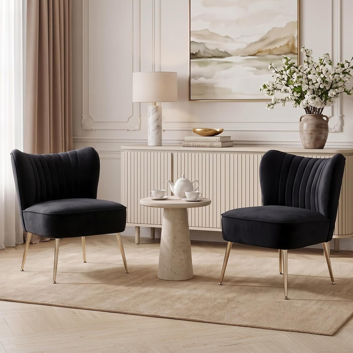 Black Velvet Accent Chair Set of 2 with Wingback