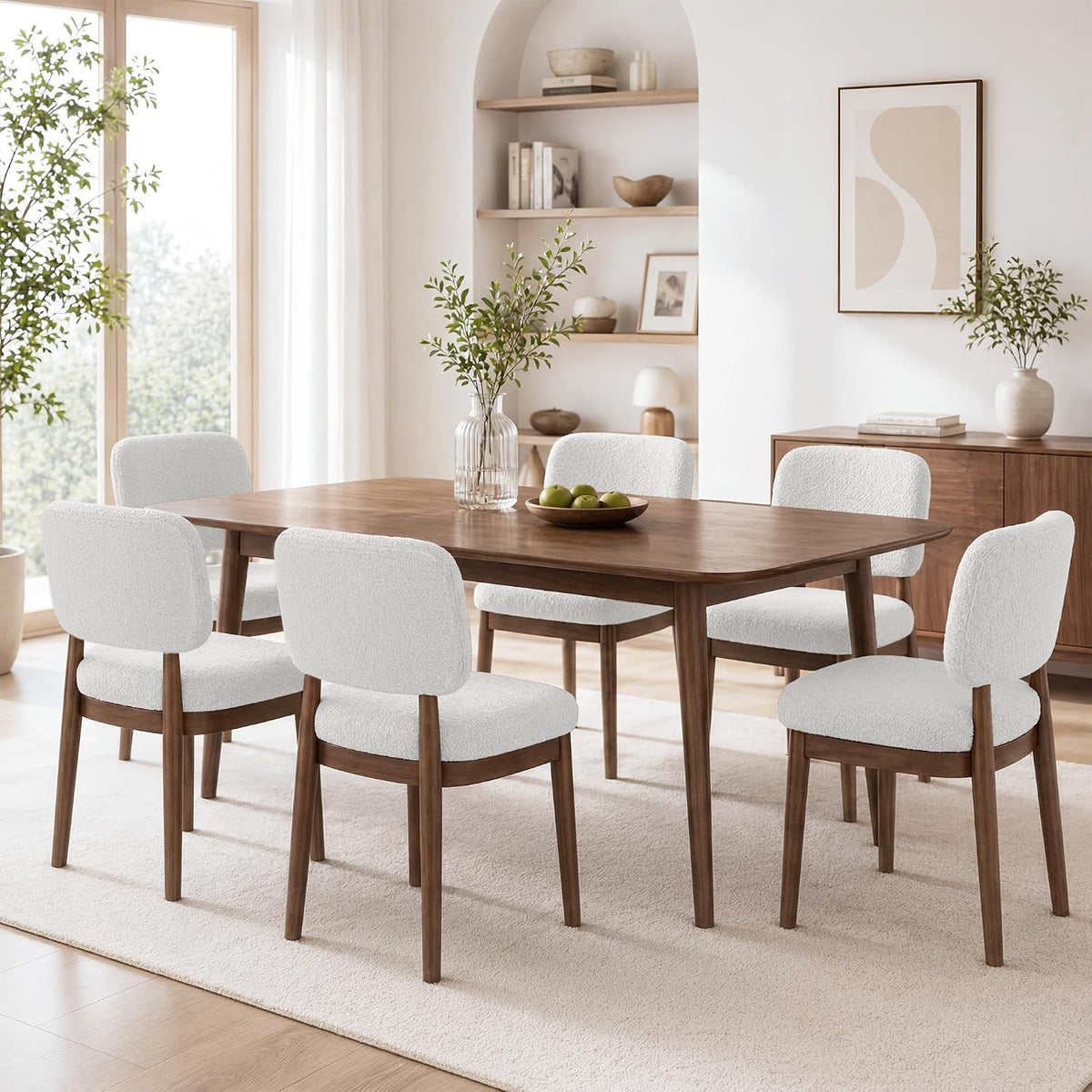 Wooden Dining Chairs Set of 6, Boucle Upholstered Kitchen Chairs with Solid Wood Legs, Mid Century Modern Dining Chairs, Farmhouse Side Chair with Hardwood Frame for Dining Room, White