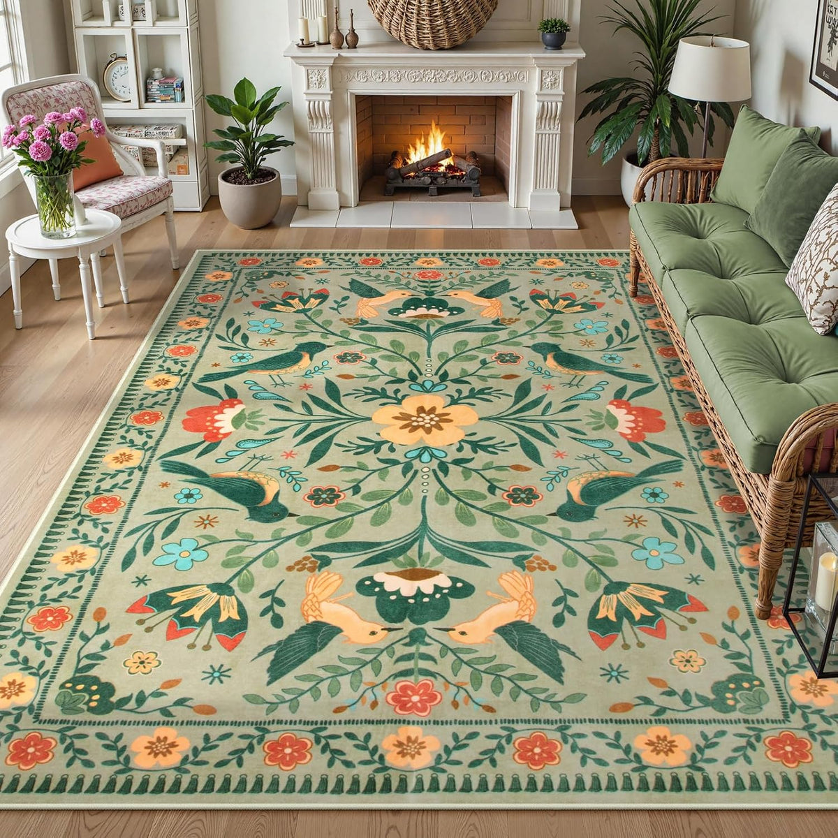 Moynesa Green Washable 8x10 Area Rugs for Living Room Bedroom Dining Room, Modern Farmhouse Country Floral Bird Print Pattern Medallion Carpet, Aesthetic Home Decorations Open Floor Areas Protection