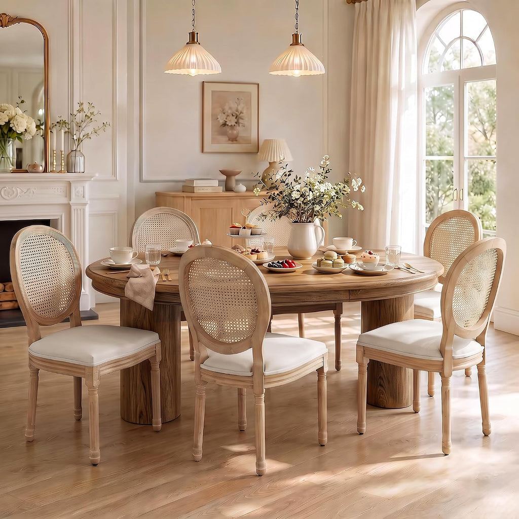 French Country Dining Chairs, Beige Rattan, Set of 6