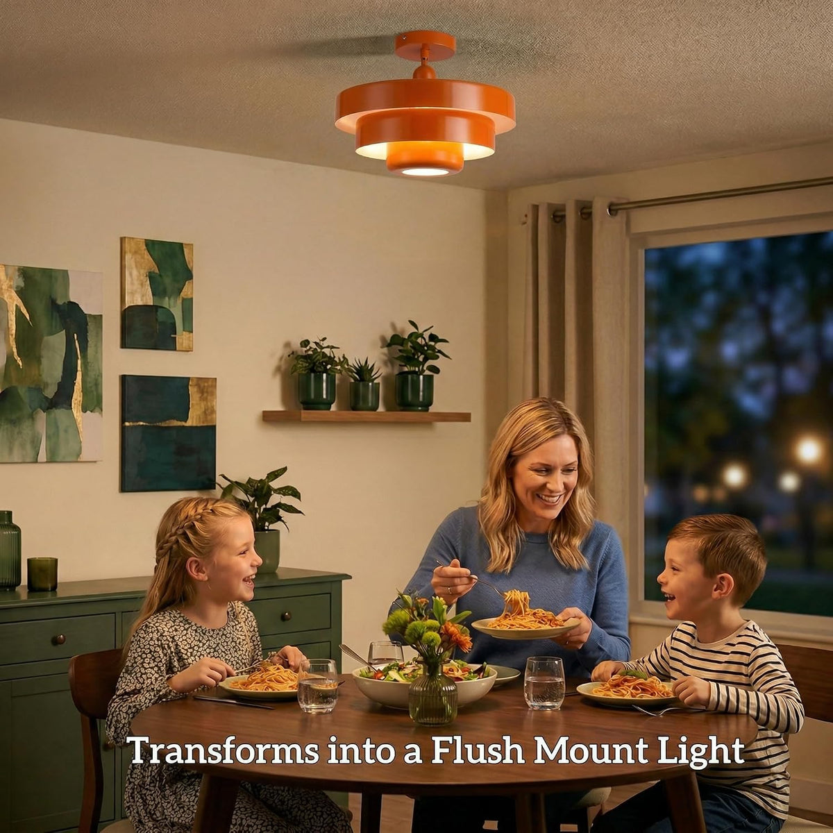 modern tiered metal pendant light, adjustable height ceiling, side view