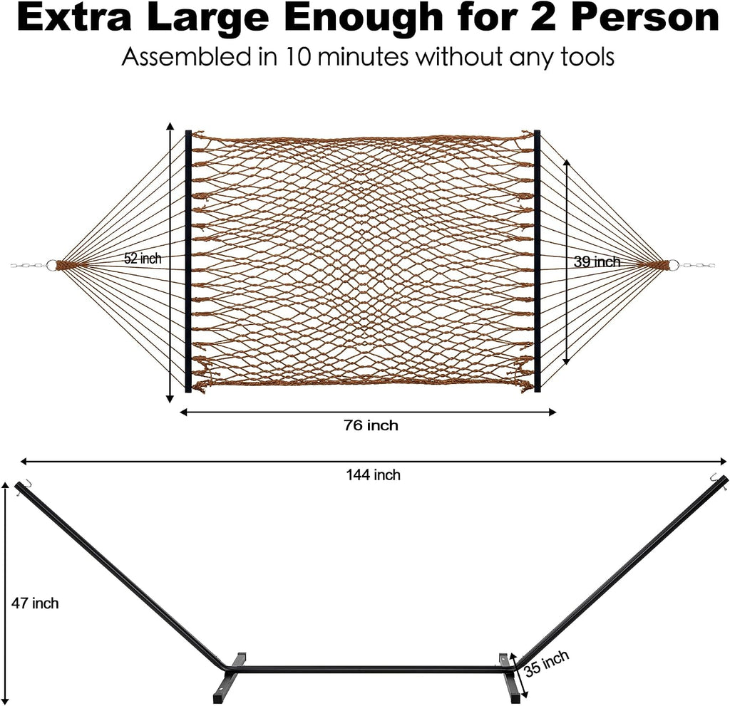 GAFETE 2 Person Rope Hammock with Stand for Outside, 12 Ft, 475 lb Capacity