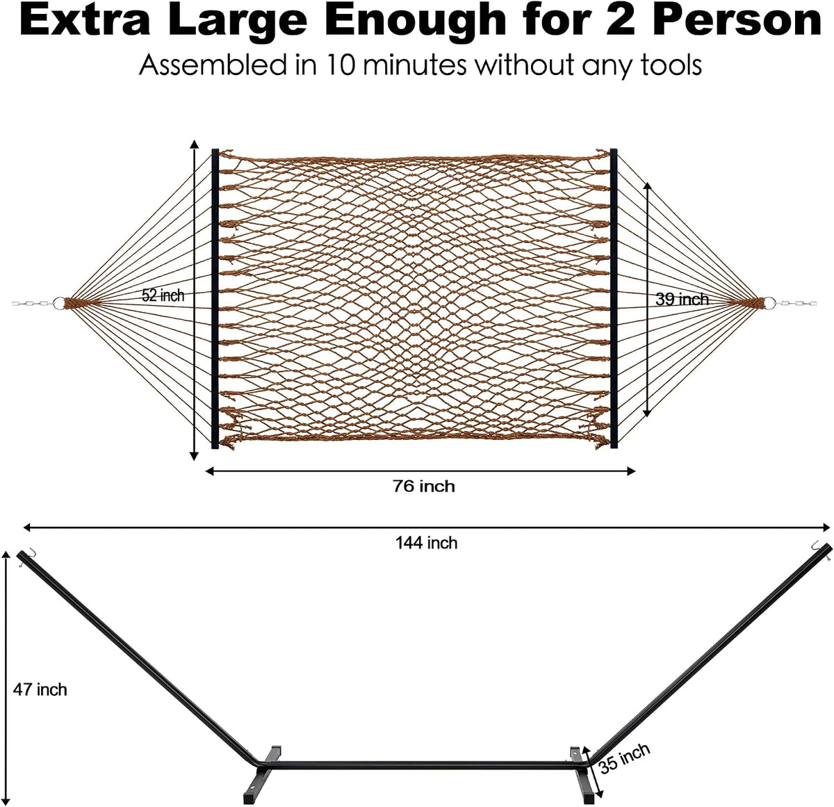 GAFETE 2 Person Rope Hammock with Stand for Outside, 12 Ft, 475 lb Capacity