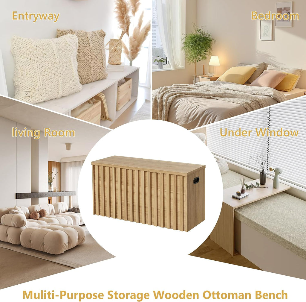 UEV Storage Bench Set of 2, 39.4" Wood Box, Storage Trunk with 2 Safety Hinges, Ottoman Storage Chest Set of 2, Fluted Storage Bench for Bedroom, Shoe Bench for Bedroom, Living Room (Natural Wood)