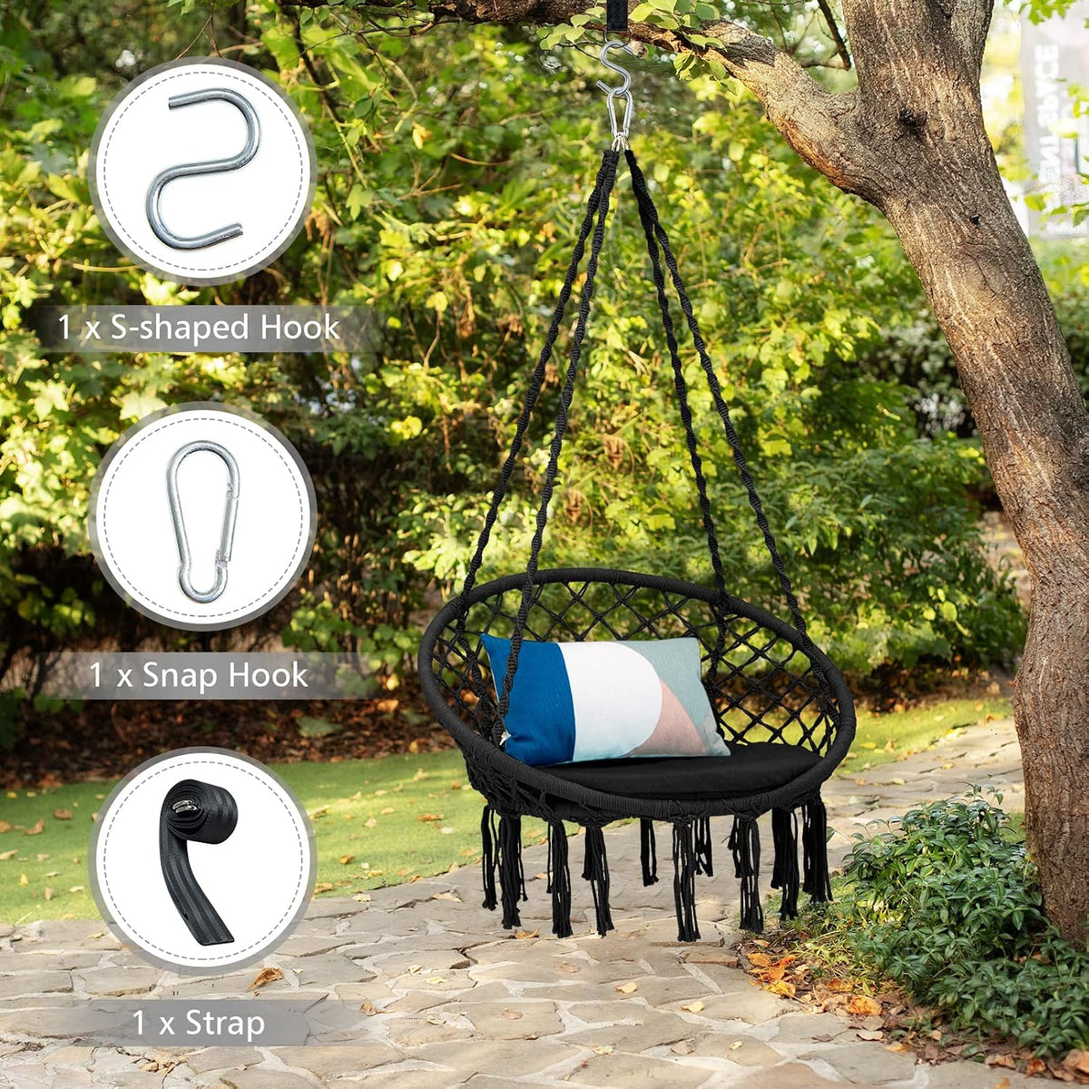 Giantex Hammock Chair Macrame Swing with Cushion & Hardware Kit, Black