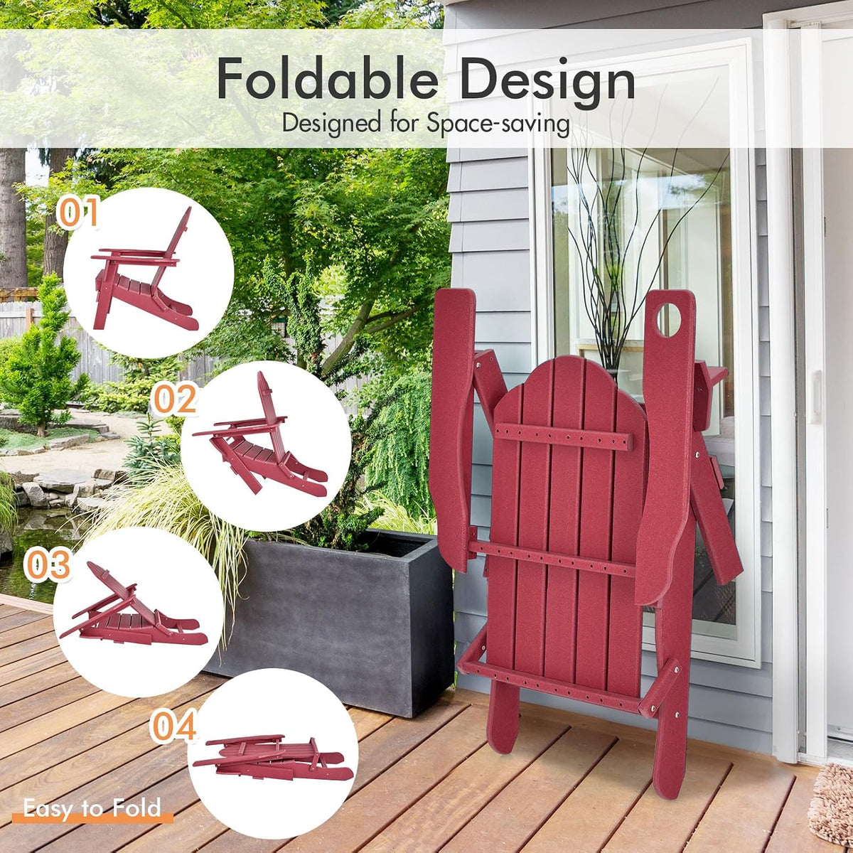 Giantex Adirondack Chair, Outdoor Folding Chairs, HDPE Weather Resistant Patio Chair with Built-in Cup Holder, Lawn Chair for Yard, Balcony, Deck, Outside, Campfire, Plastic Fire Pit Chair (1, Red)