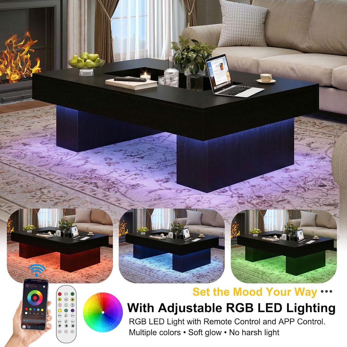 LVB 47"X31" Large Rectangle Black Oak Coffee Table with Storage Living Room