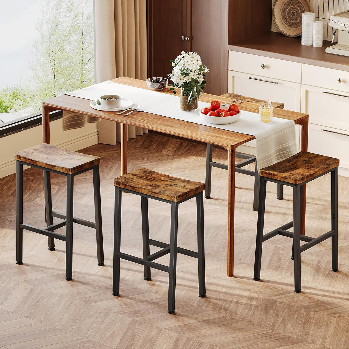 Homeiju Bar Stools, Counter Height Bar Stools Set of 2, 23.6 Inch Saddle Stools with Footrests, Industrial Kitchen Counter Seat for Dining Room, Kitchen, Counter, Rustic Brown