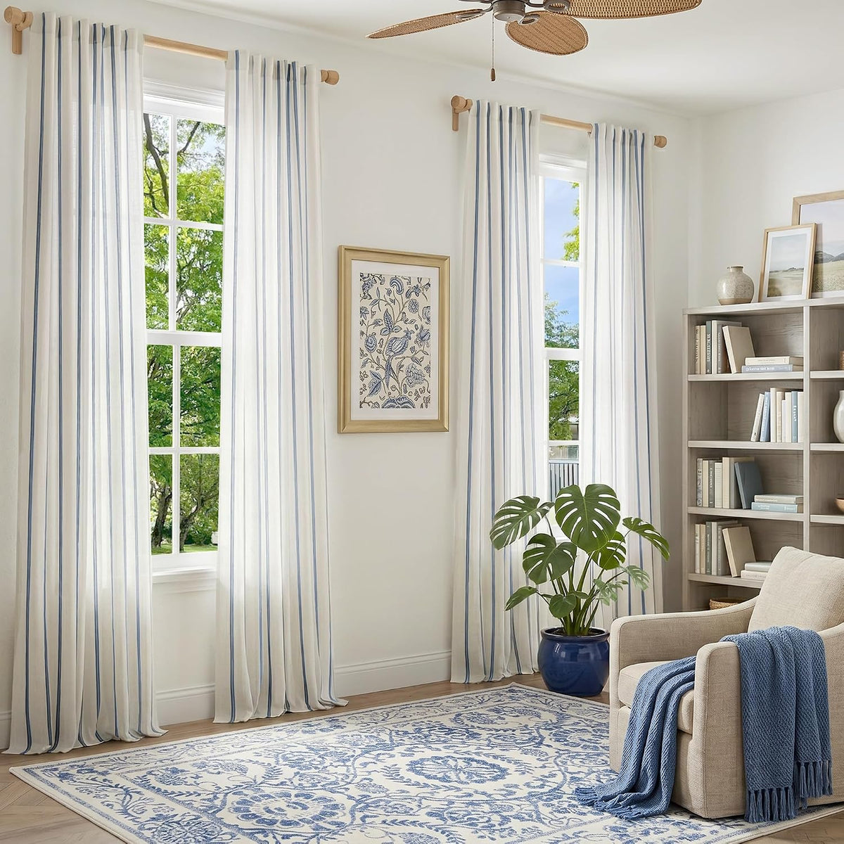 Vangao Striped Curtains Blue on White Semi Sheer Curtains 96 Inches Long