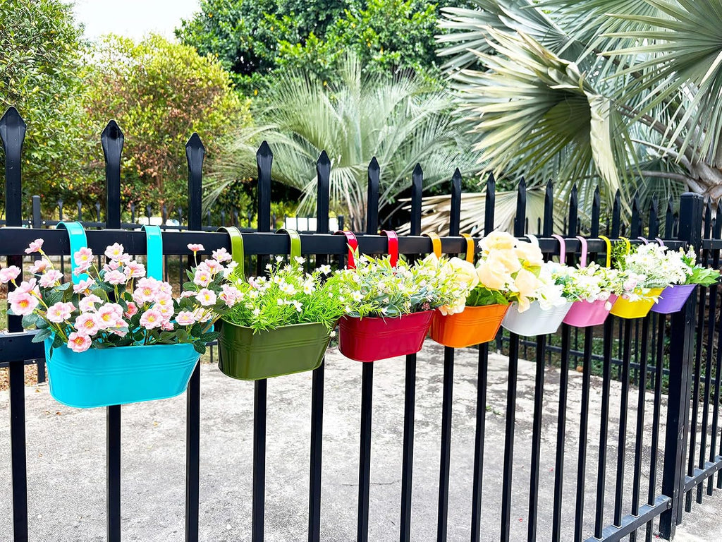 8 Pack 12" Colorful Metal Railing Planters with Hooks for Outdoor Fence