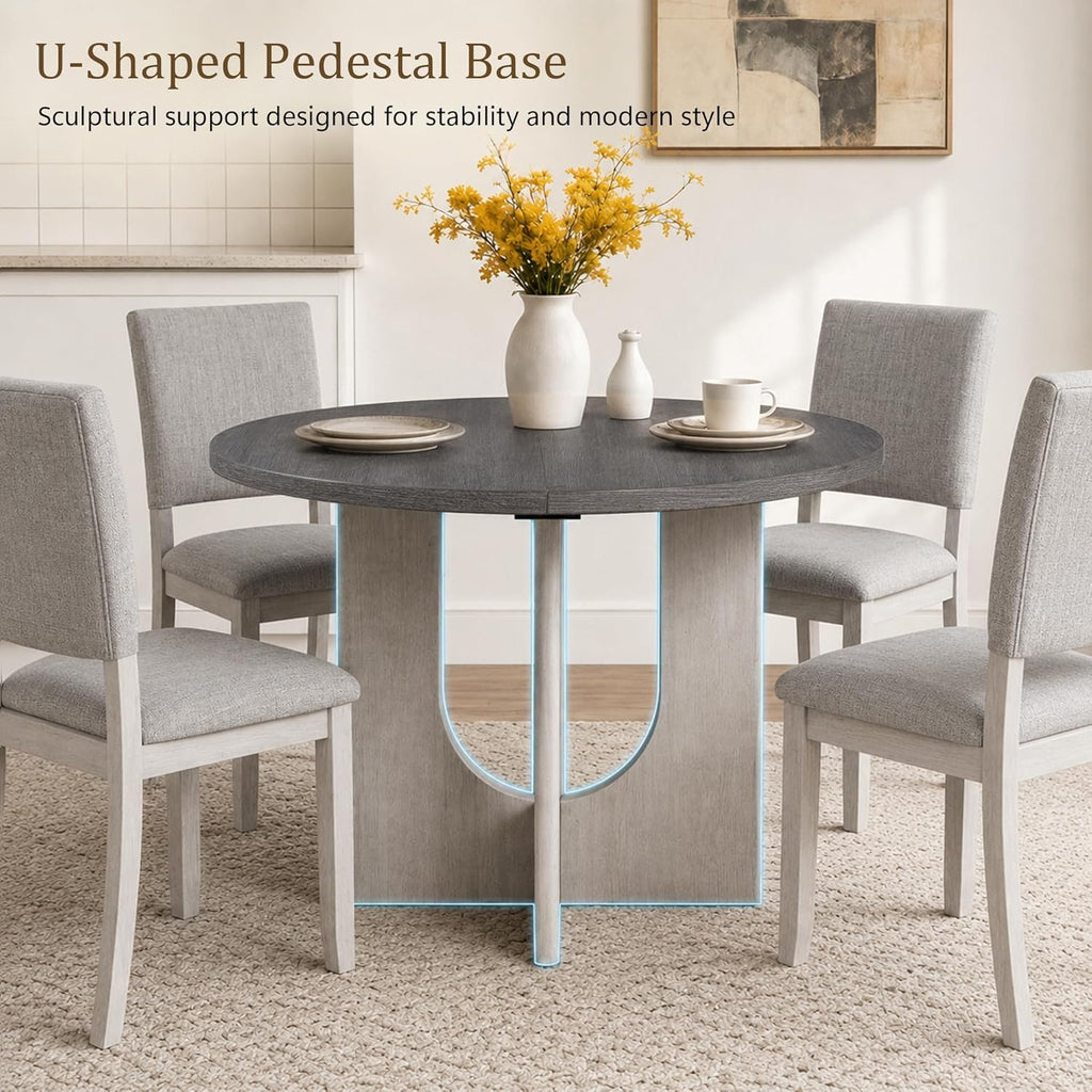 leovanni Round Dining Table Set for 4, Kitchen Table with 4 Upholstered Chairs, 5-Piece Wood Dining Table and Chairs Set for Kitchen, Patent Pending