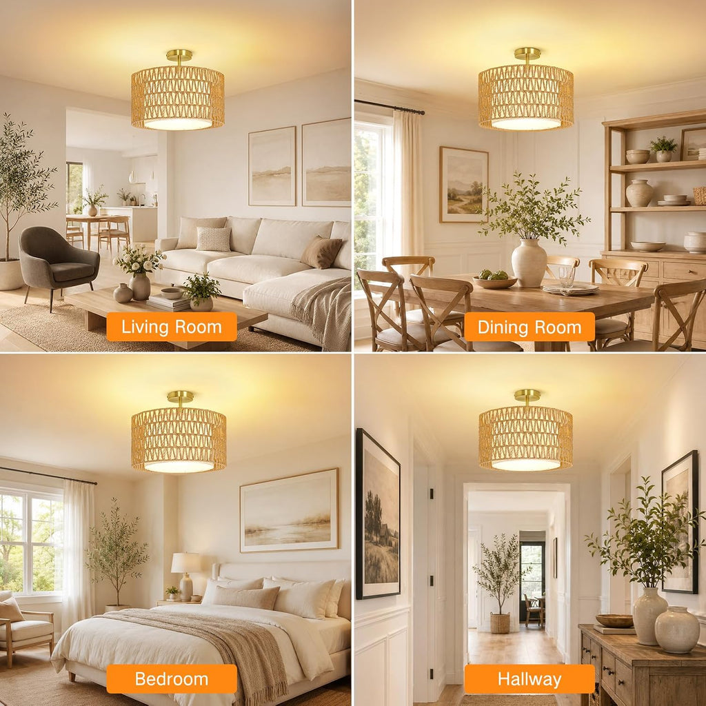 outon 17" boho rattan semi flush mount ceiling, side view