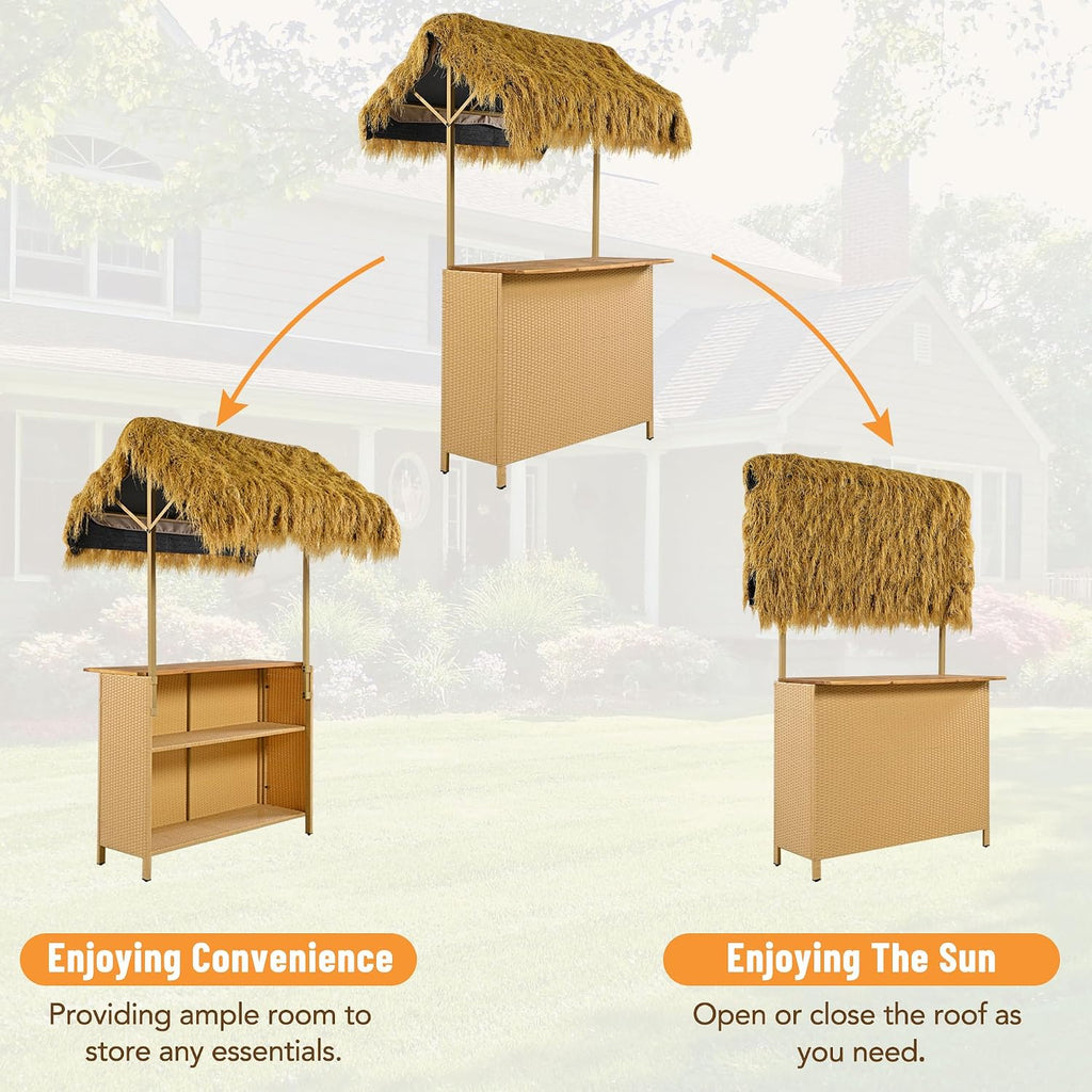 LUMISOL 3pcs Outdoor Bar Set, Hawaiian Style Bar Height Patio Set with PE Grass Canopy, Acacia Wood Top and Adjustable Feet, 3 Piece Wicker Island Bar and 2 Stools Set, Natural