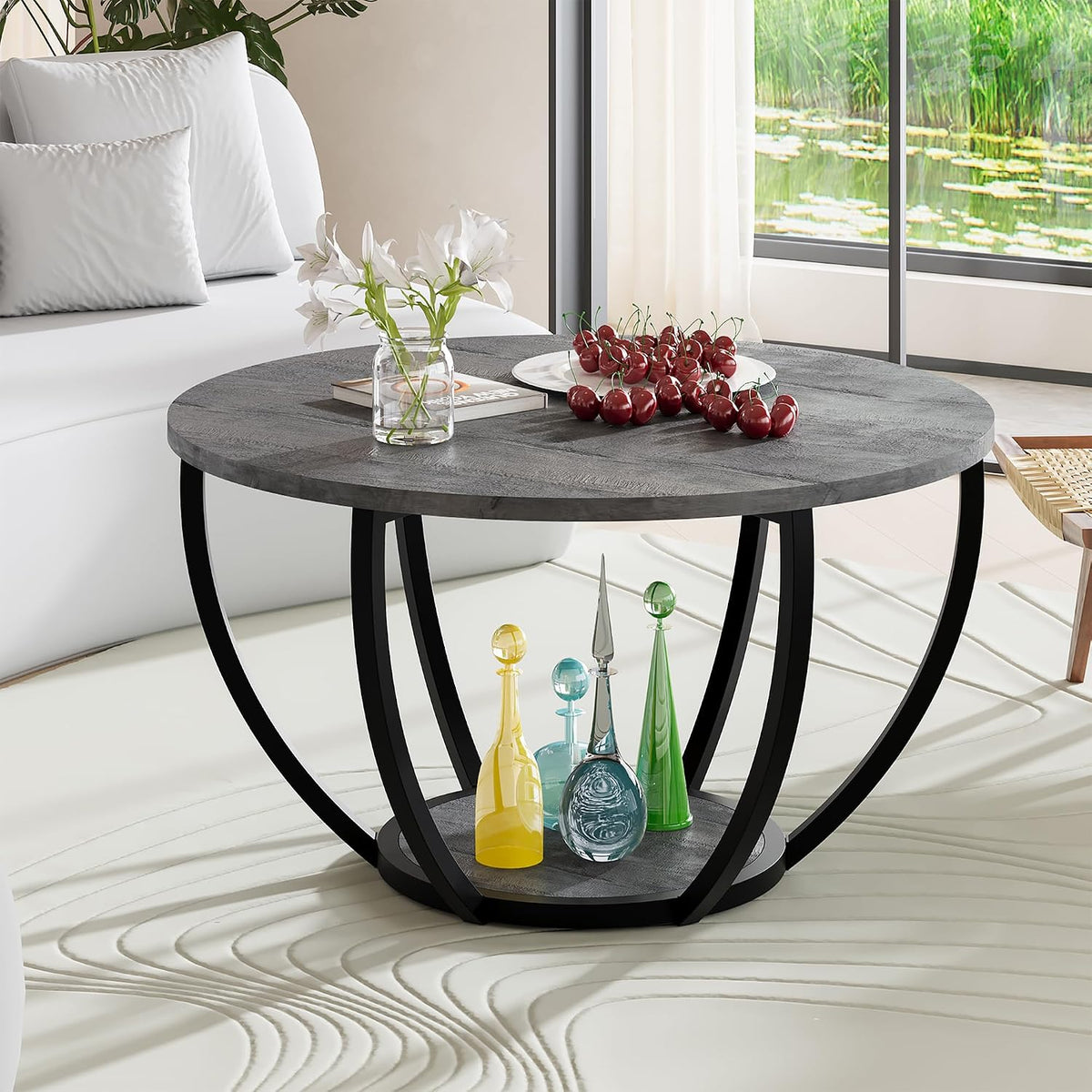 HOMERECOMMEND Round Coffee Table with 2-Tier Storage for Living Room,Grey