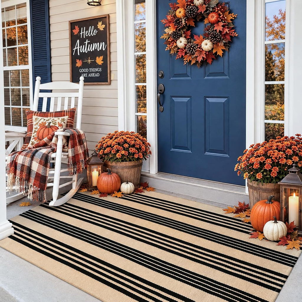 Striped Outdoor Rugs 3x5, Cotton Washable Fall Front Door Mat Decor