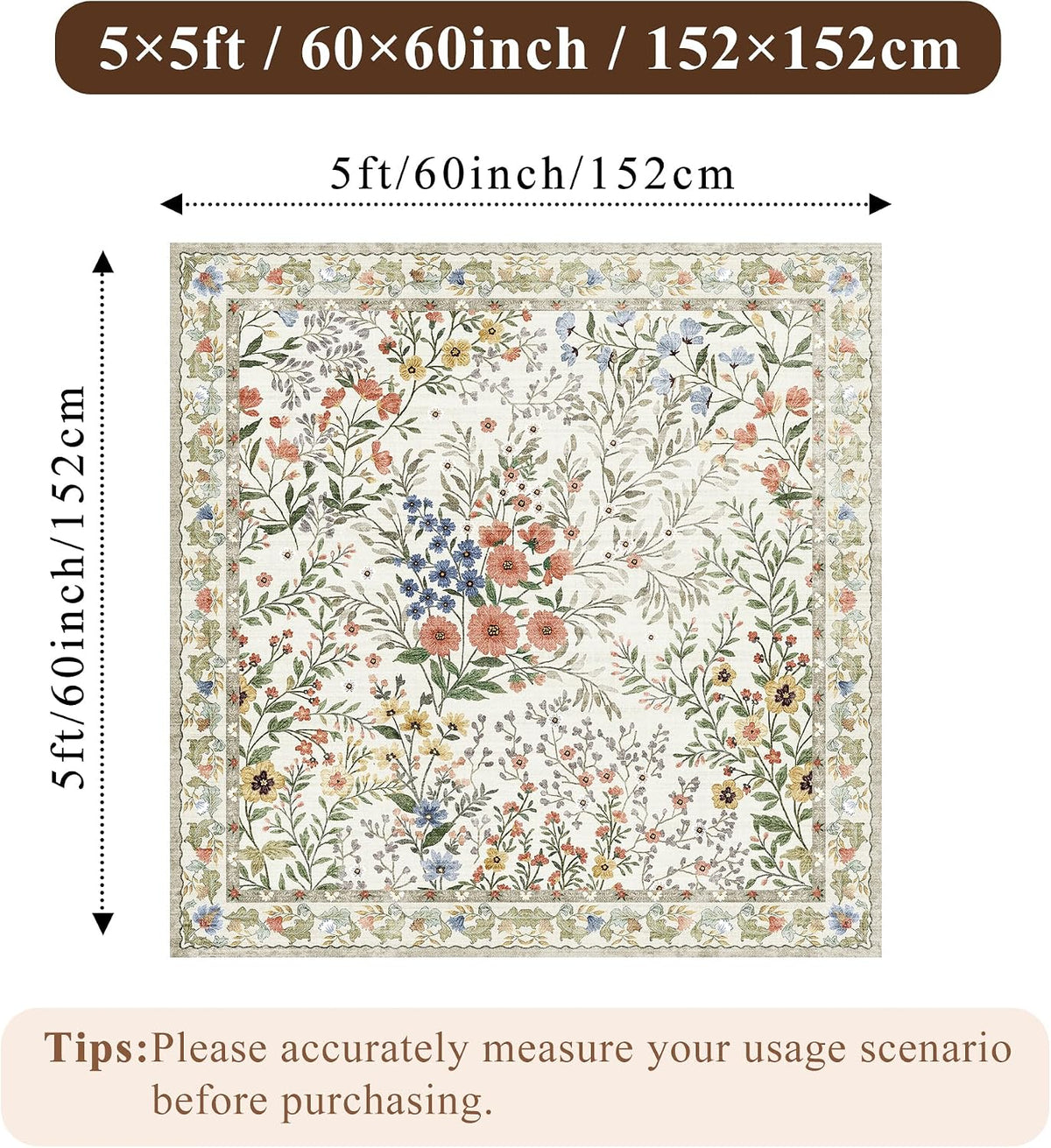 5x5 Living Room Area Rug Washable: Floral Non-Slip Mats for Indoor Floor Entryway Dining Room Bedroom - Soft Thin Carpet for Vintage Neutral Home Decor (5ft Square, Beige)