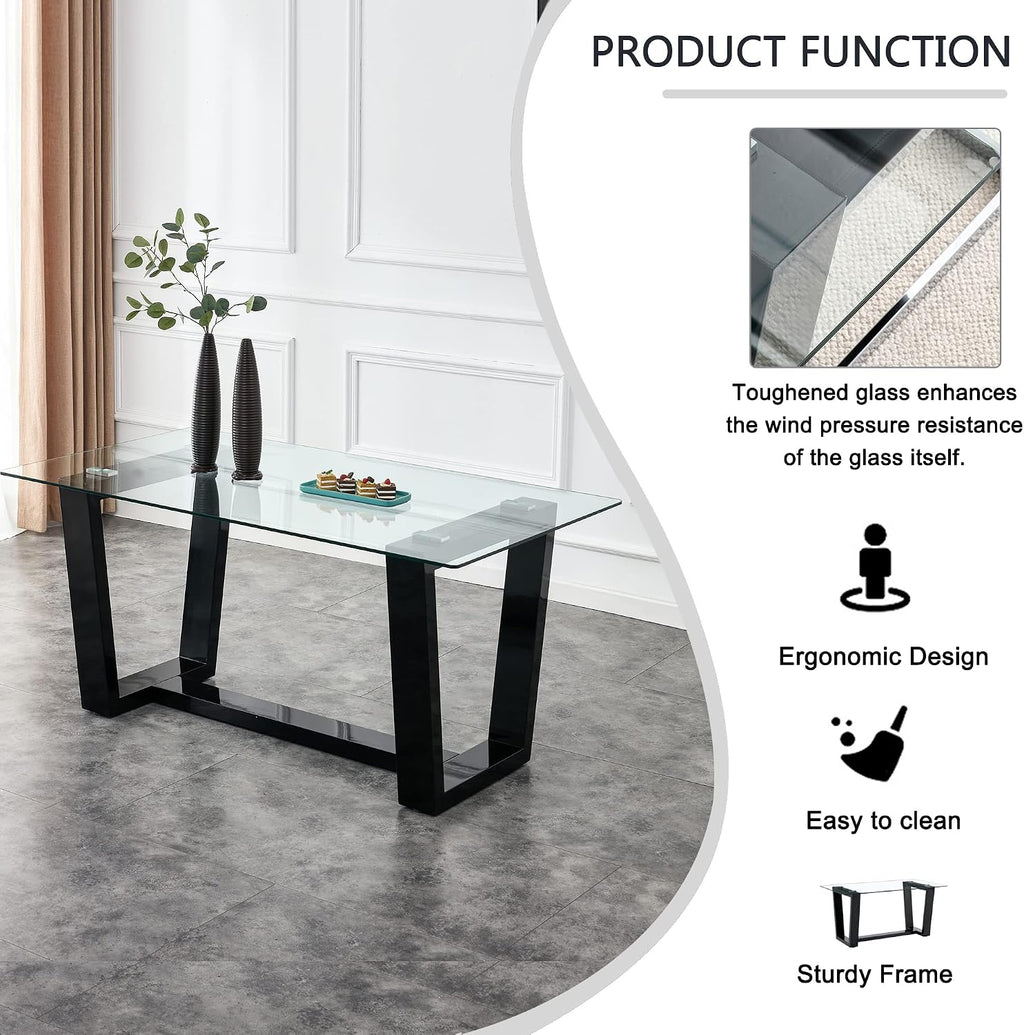 Ebullient Glass Dining Table, Modern Dining Table, 63" Tempered Glass Tabletop with Black MDF Trapezoid Legs, Rectangle Kitchen Table for 4-6 Person, Ideal for Kitchen, Dining Room, Home, Apartment