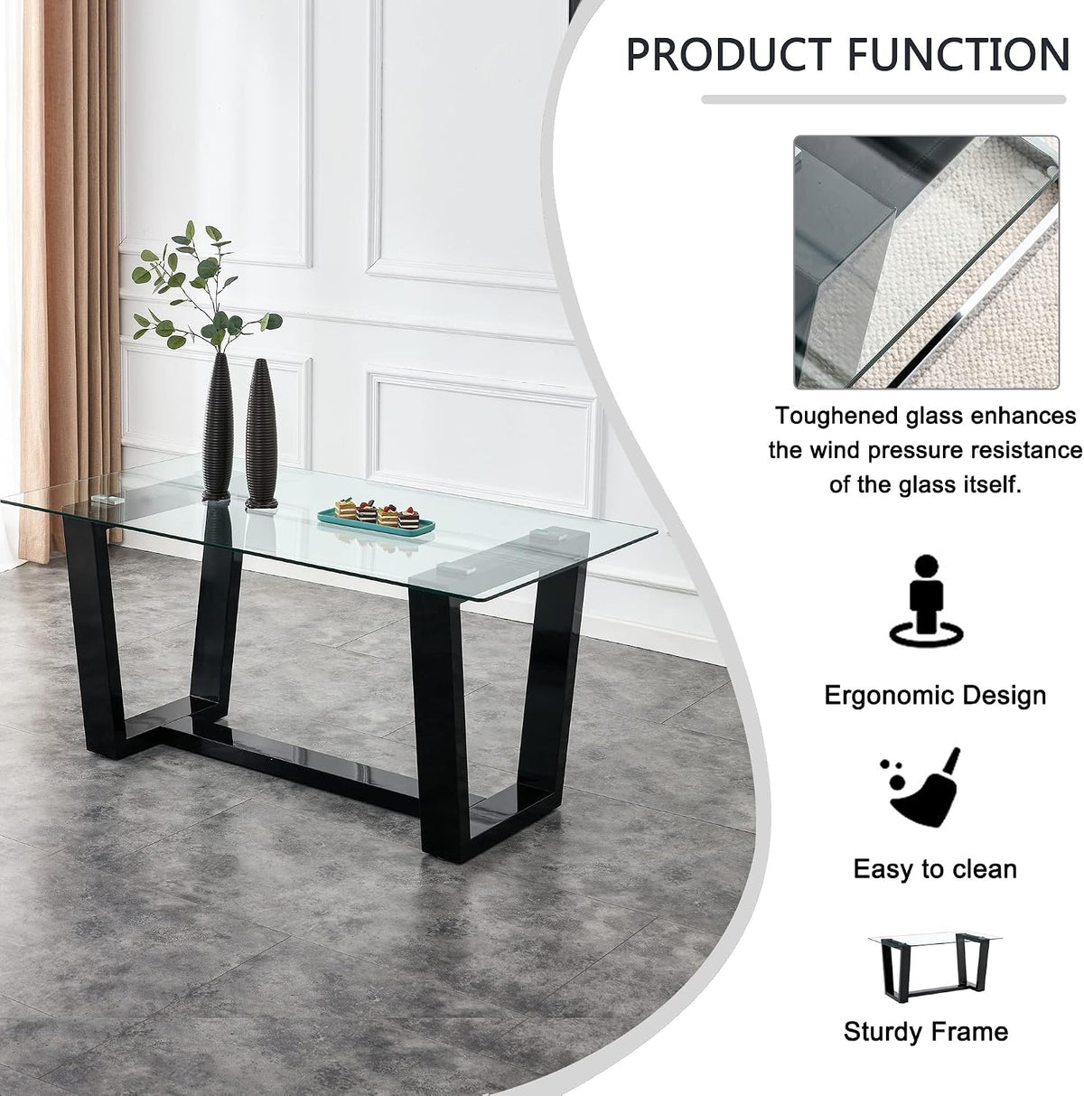 Ebullient Glass Dining Table, Modern Dining Table, 63" Tempered Glass Tabletop with Black MDF Trapezoid Legs, Rectangle Kitchen Table for 4-6 Person, Ideal for Kitchen, Dining Room, Home, Apartment