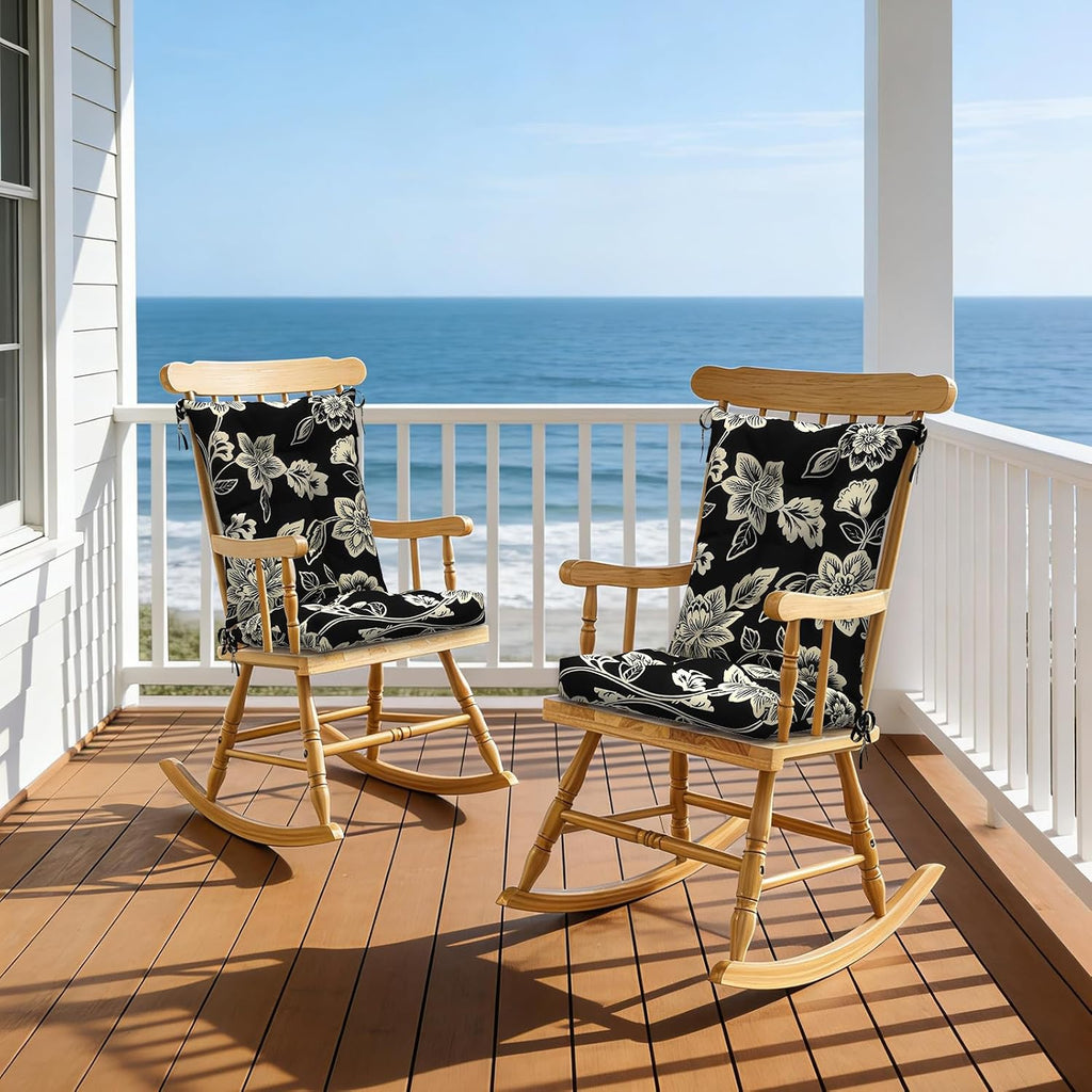 DYTXIII Set of 2 Rocking Chair Cushions for Outdoor/Indoor Use,Water Resistant Tufted High Back Chair Pads for Patio,Porch,Balcony Rocker and Adirondack Furniture - Vines Black