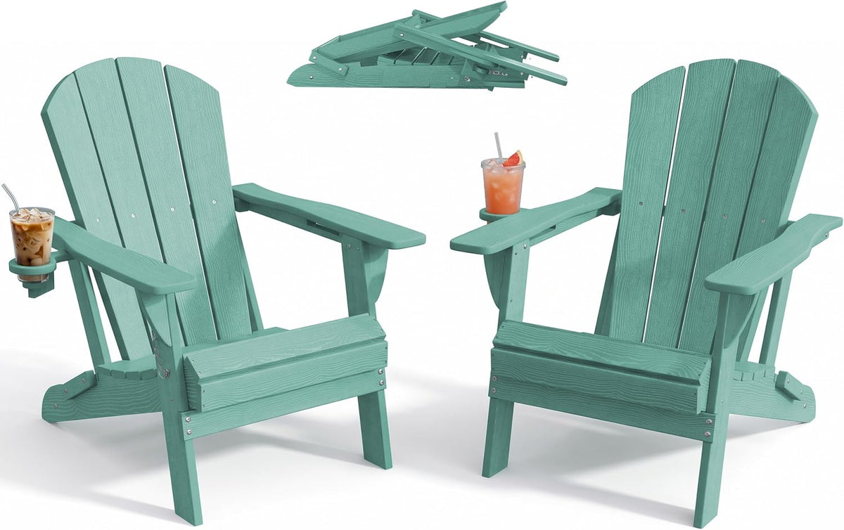 PLUUV Folding Adirondack Fire Pit Chairs Set of 2 with Cup Holder, Aruba