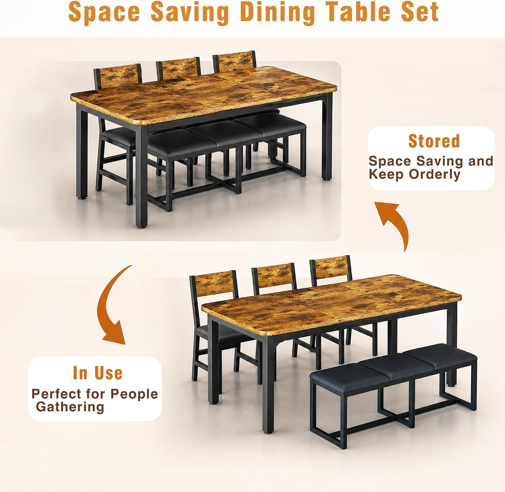 5-Piece Dining Table Set for 6, 63'' Long Kitchen Table Cushion Chairs Set with PU Bench and 3 Chairs, Rectangle Dining Table with Metal Frame & MDF Board, Space-saving for Small Apartment, Rustic